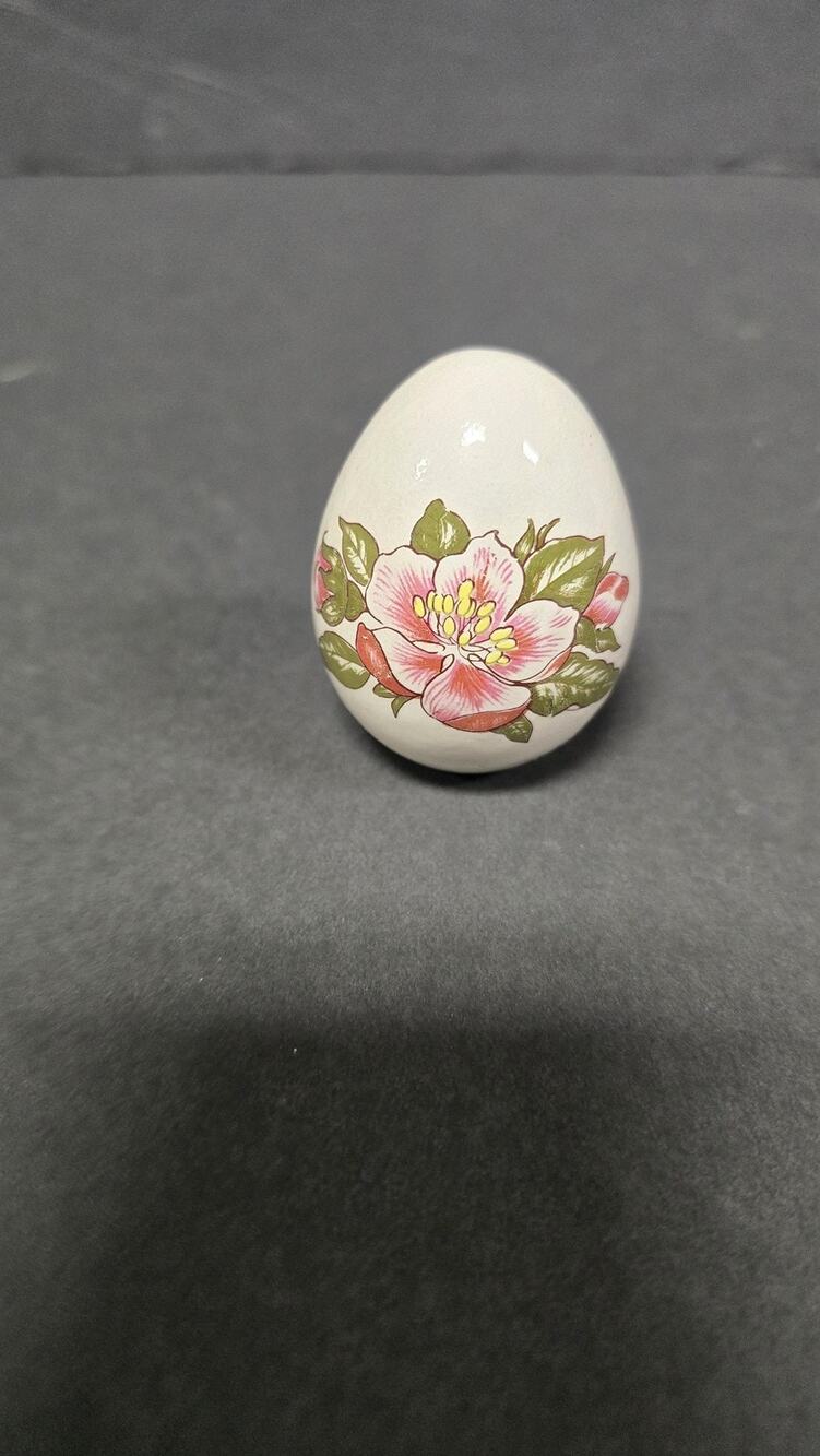 Vintage White Ceramic Collector Egg Pink Floral Easter Decor Cottage Flower